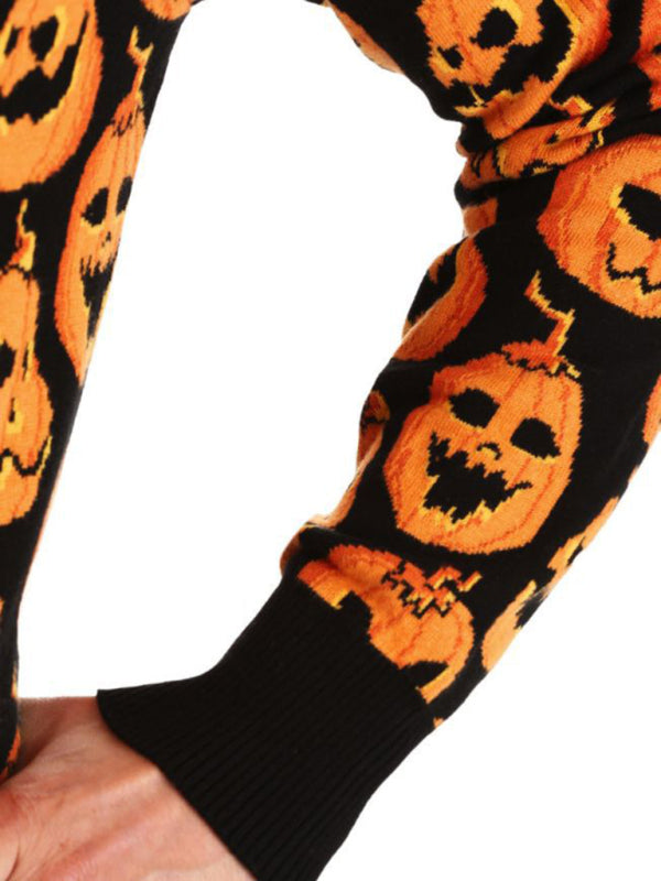 Fashionable Women's Halloween Sweater Loose Contrast Color Pumpkin Jacquard Women's Sweater