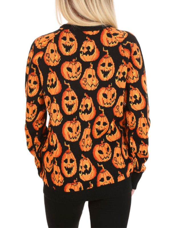 Fashionable Women's Halloween Sweater Loose Contrast Color Pumpkin Jacquard Women's Sweater