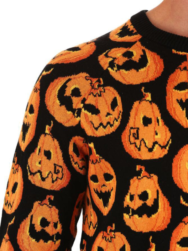 Fashionable Women's Halloween Sweater Loose Contrast Color Pumpkin Jacquard Women's Sweater