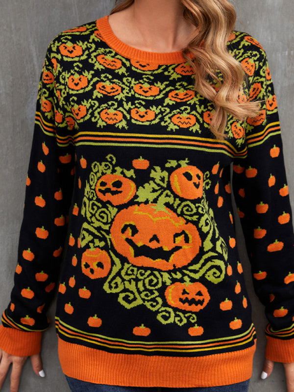Fashionable Women's Pumpkin Halloween Sweater Autumn Round Neck Pullover Loose Knitwear