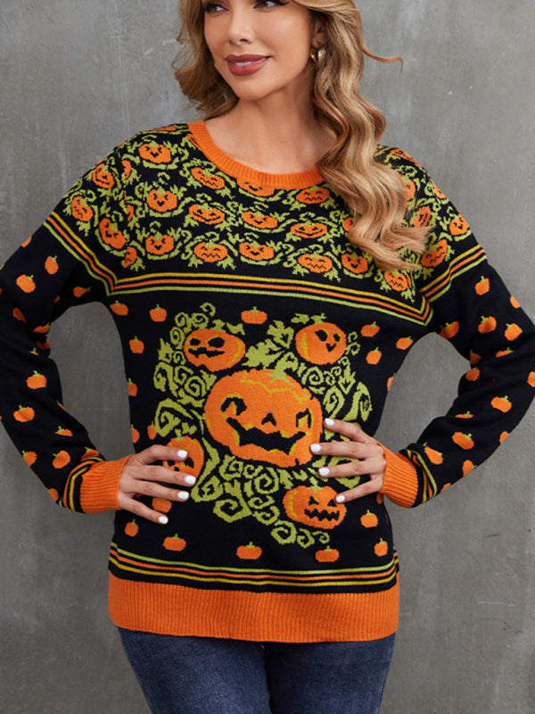 Fashionable Women's Pumpkin Halloween Sweater Autumn Round Neck Pullover Loose Knitwear