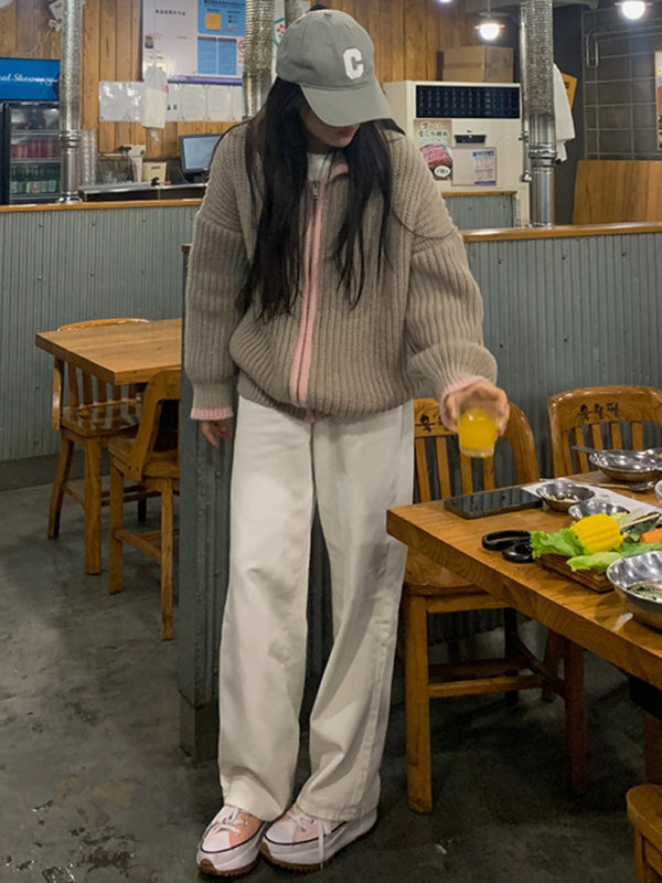 women's zipper lapel loose knit sweater