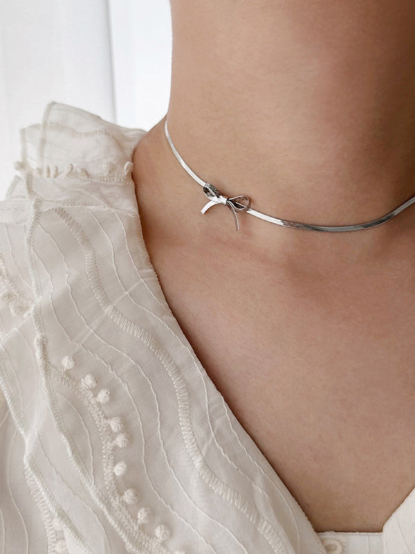 Niche basic snake bone chain bow fresh and sweet necklace earrings