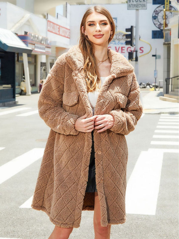 Women's plaid plush button long coat