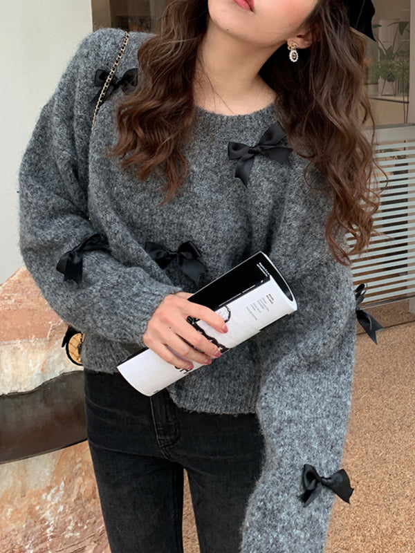 Women's round neck loose bow pullover sweater