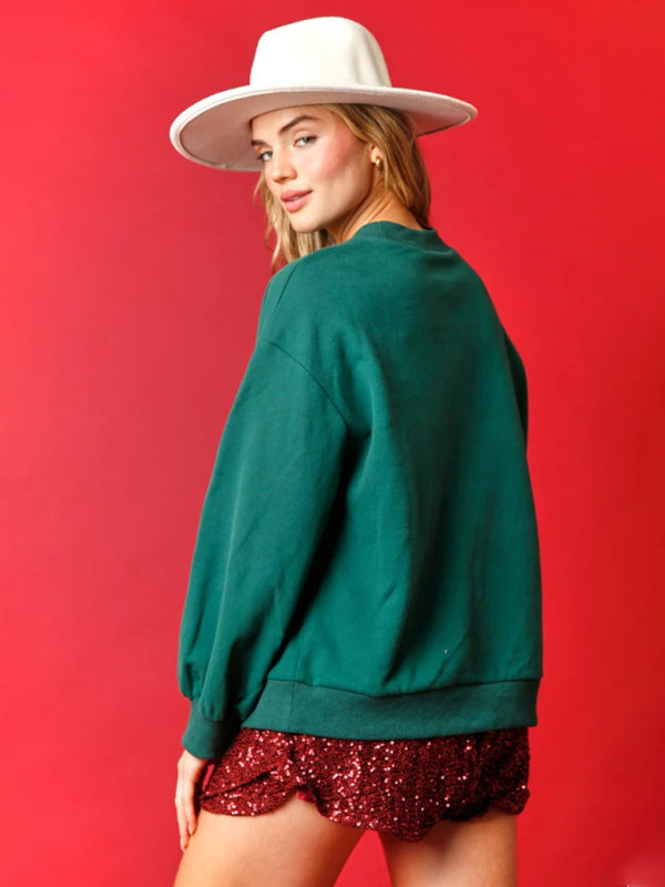 Women's Christmas embroidered sequined pullover sweatshirt