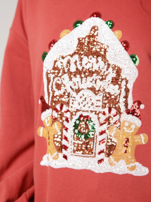 Women's Christmas embroidered sequined pullover sweatshirt