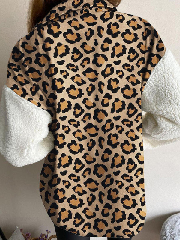 Women's Leopard Plaid Print Plush Stitching Contrast Color Warm Long Sleeve Jacket