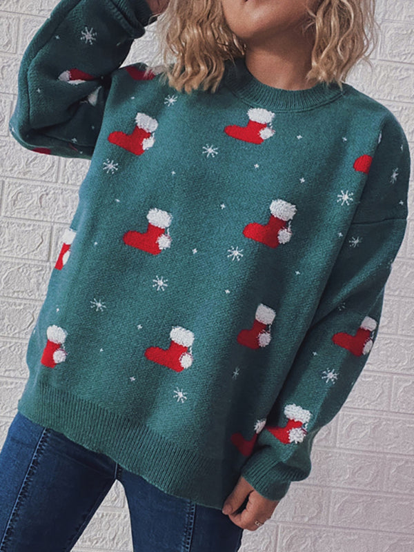 Women's Round Neck Long Sleeve Christmas Sweater Christmas Socks Jacquard Thickened Pullover