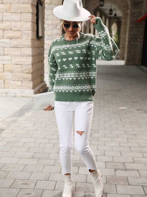 Women's Pullover Knit Contrast Jacquard Christmas Sweater