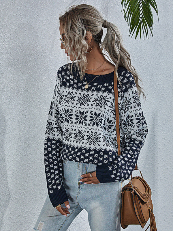 Women's Snowflake Knit Loose Long Sleeve Pullover Crew Neck Christmas Sweater