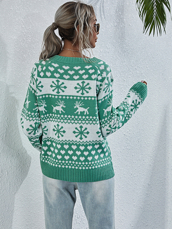 Women's Elk Knit Crew Neck Snowflake Pullover Christmas Sweater