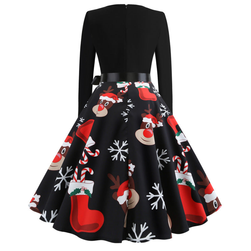 Christmas long-sleeved slim round neck printed dress