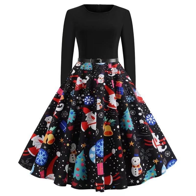 Christmas long-sleeved slim round neck printed dress