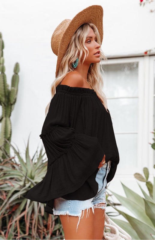 Women's  Slub Cotton Women's Flared Sleeve One-Line Neck Sexy Top