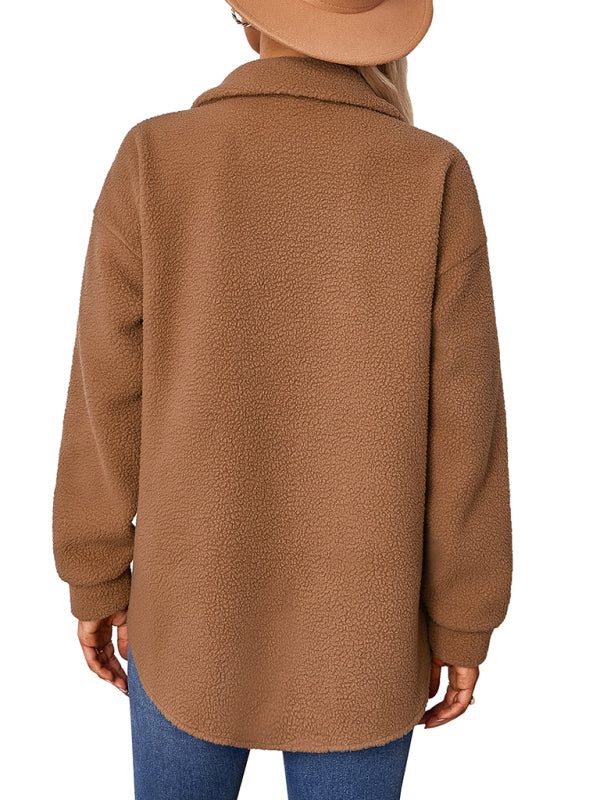 Women's solid color fashion Lapel Plush loose coat