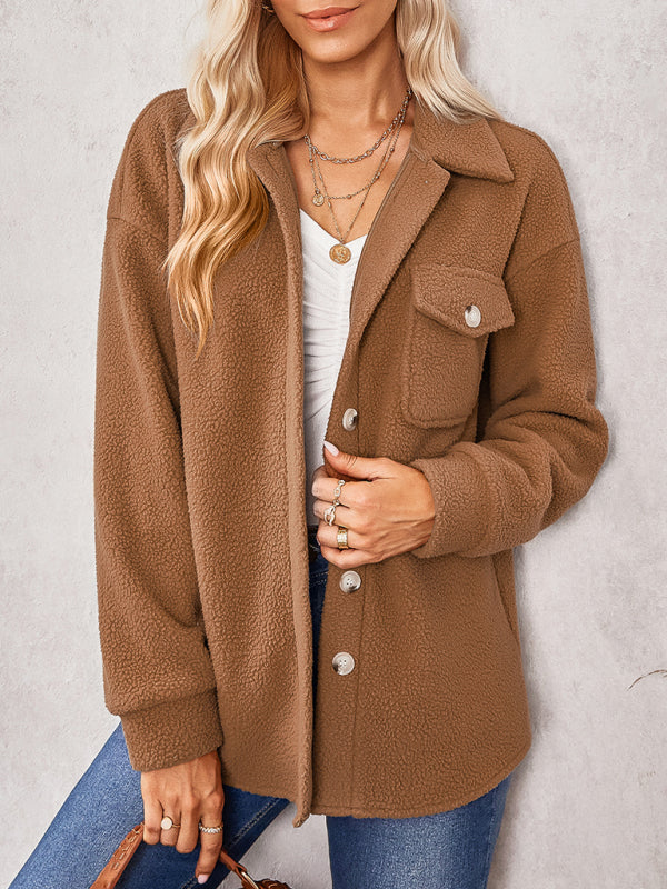 Women's solid color fashion Lapel Plush loose coat