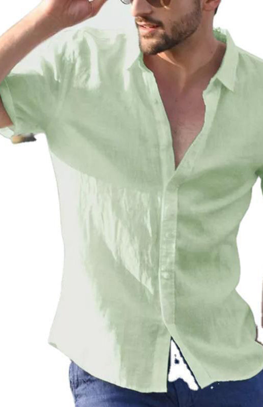 Men's Casual Linen Lapel Button Short-Sleeved Shirt