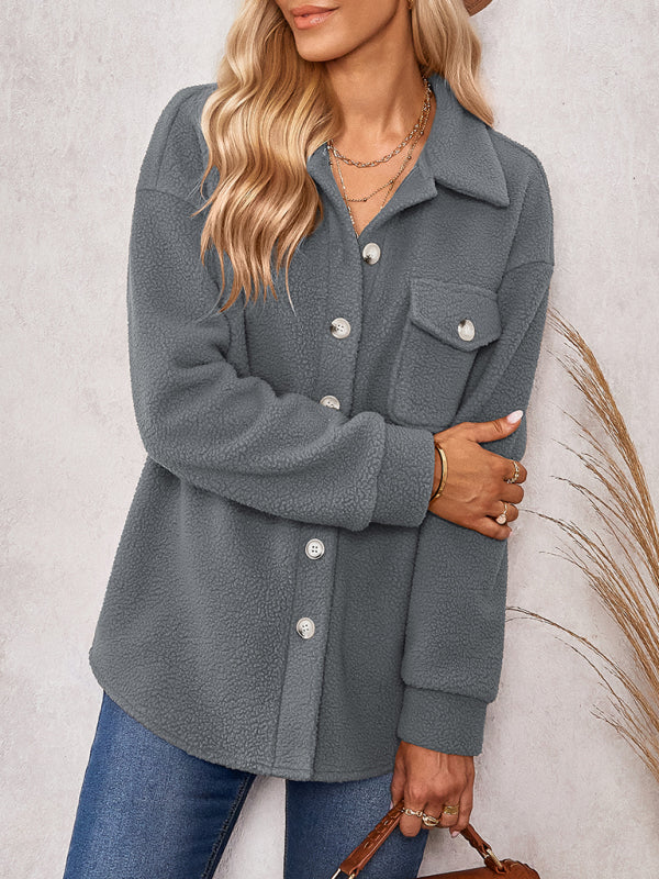 Women's solid color fashion Lapel Plush loose coat