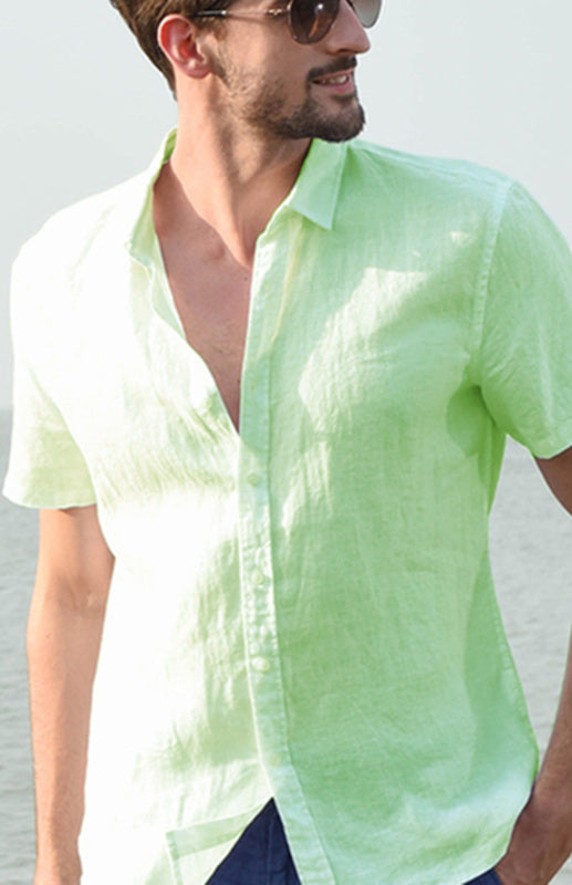 Men's Casual Linen Lapel Button Short-Sleeved Shirt