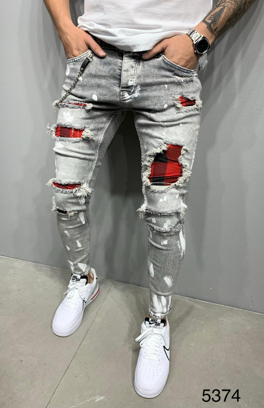 Men's Fashion Mid Waist Ripped Slim Jeans