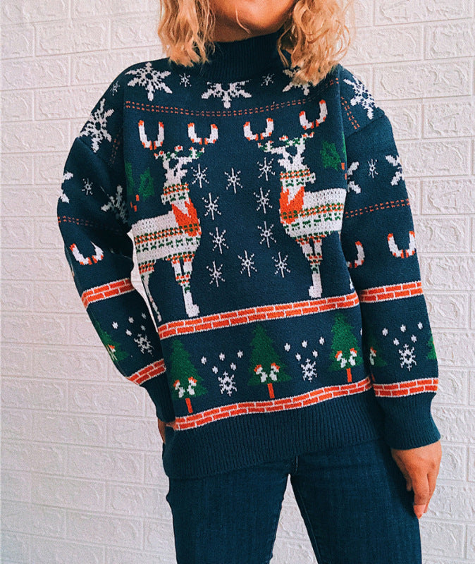 Women's Christmas Themed Elk Snowflake Christmas Tree Knit Sweater Sweater