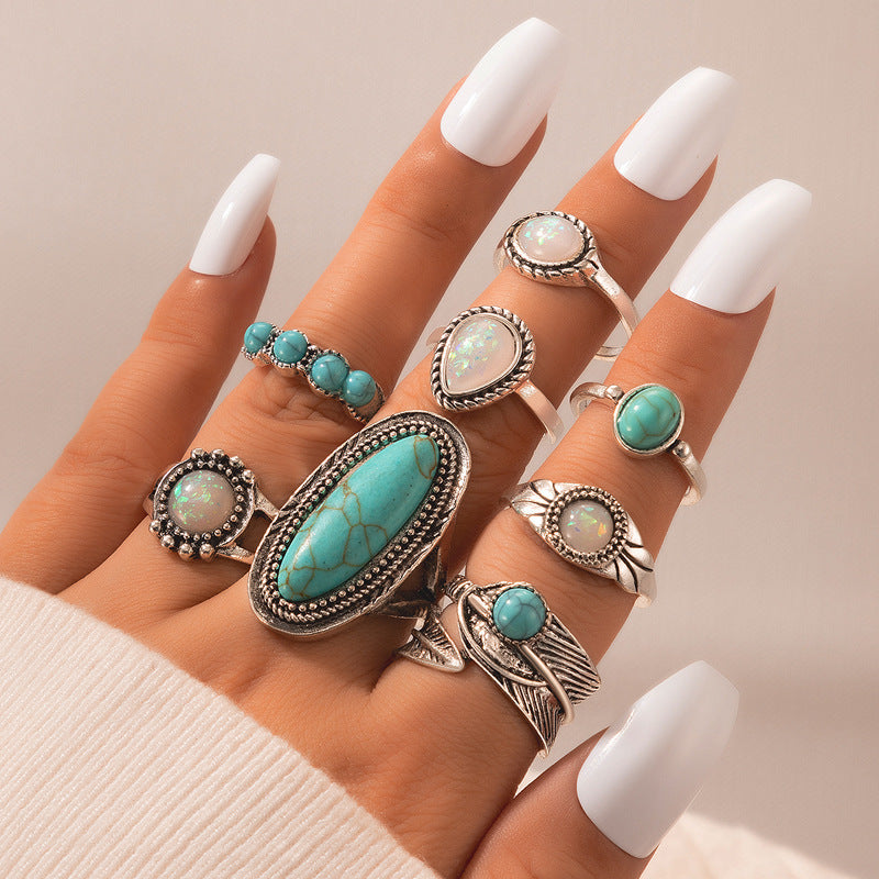 Ethnic style retro inlaid turquoise carved feather ring fashion 8-piece combination ring set