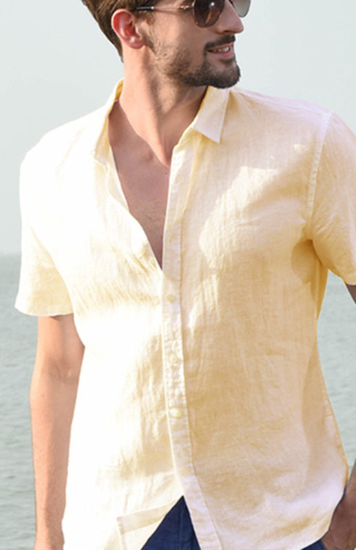 Men's Casual Linen Lapel Button Short-Sleeved Shirt