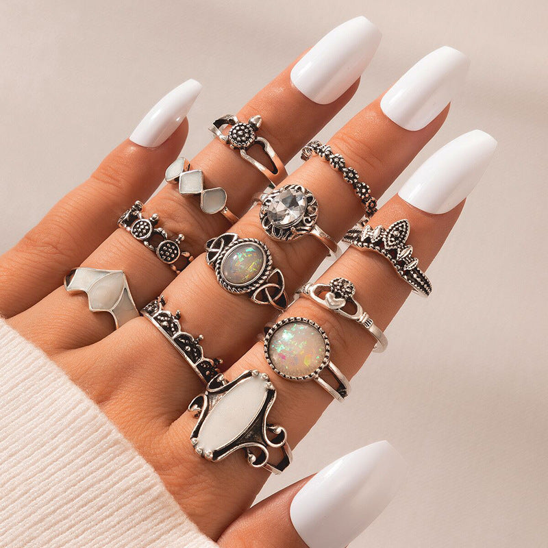 Ethnic style retro inlaid turquoise carved feather ring fashion 8-piece combination ring set