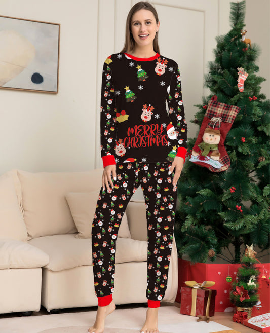 New Santa Claus printed long-sleeved home wear pajamas parent-child set (mom style)