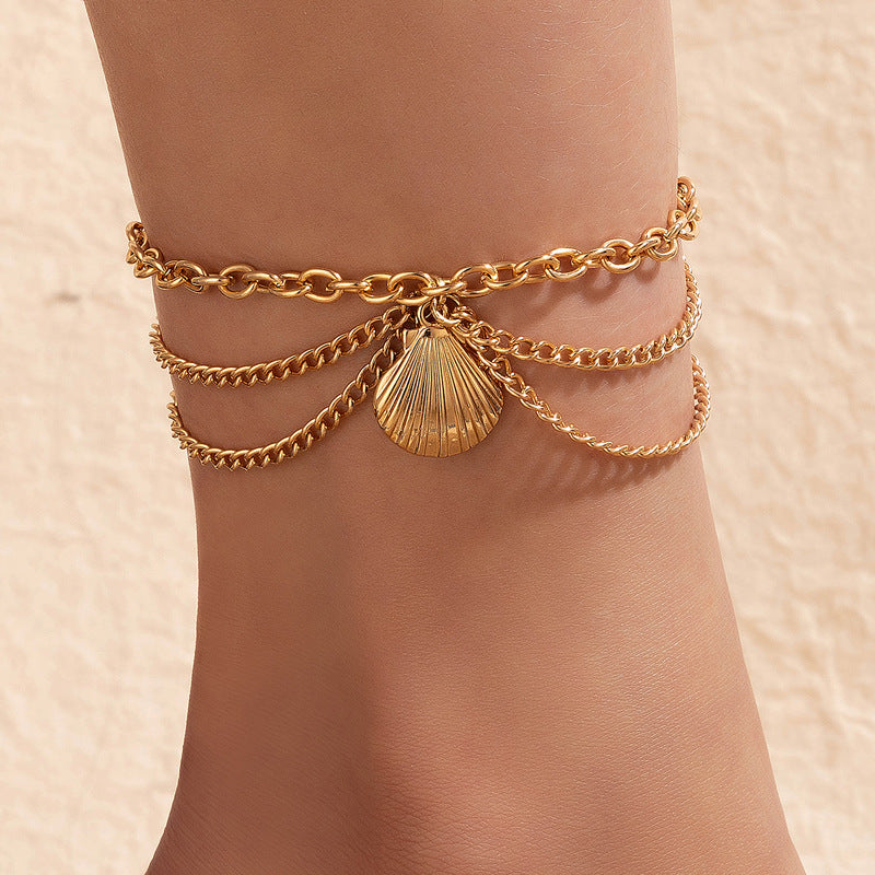 Gold heart-shaped chain anklet tassel snake-shaped pendant three-layer anklet for women