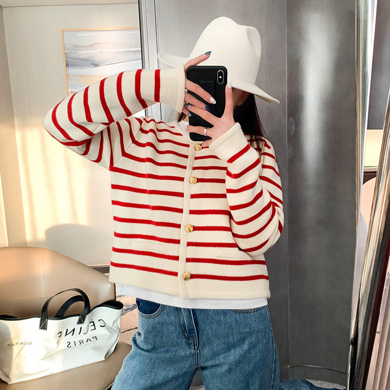 Round neck striped knitted cardigan short coat long sleeve sweater