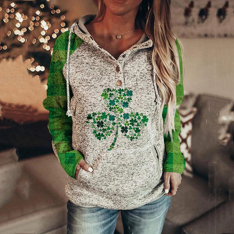 Women's St. Patrick's Irish Day Hooded Buttoned Long Sleeve Sweatshirt