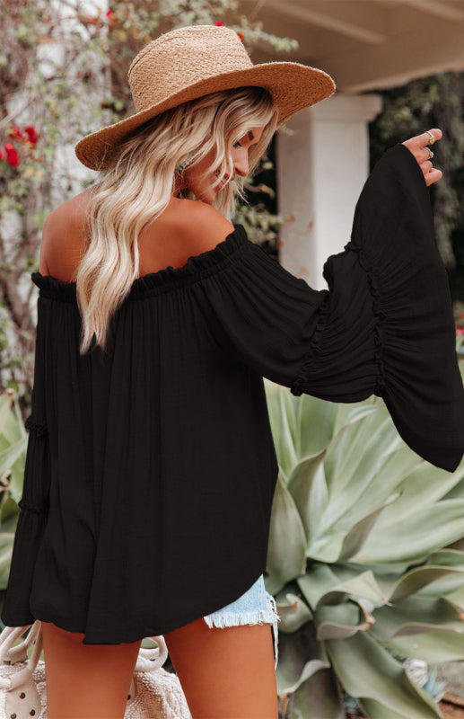 Women's  Slub Cotton Women's Flared Sleeve One-Line Neck Sexy Top