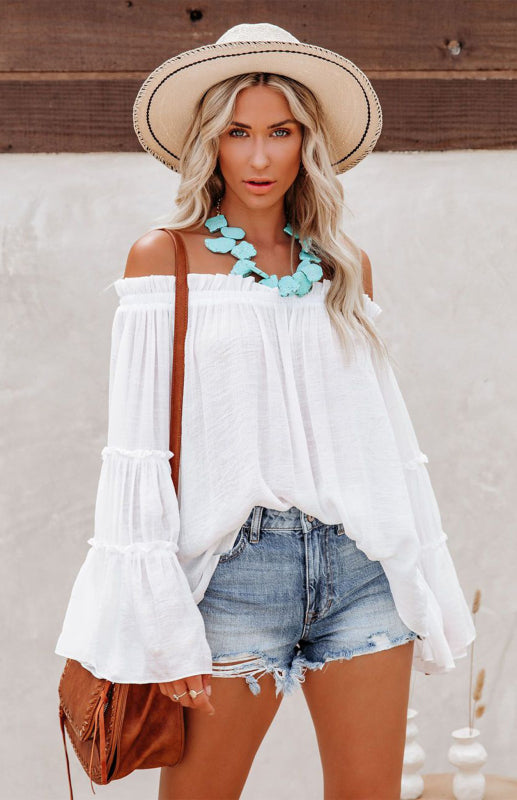 Women's  Slub Cotton Women's Flared Sleeve One-Line Neck Sexy Top