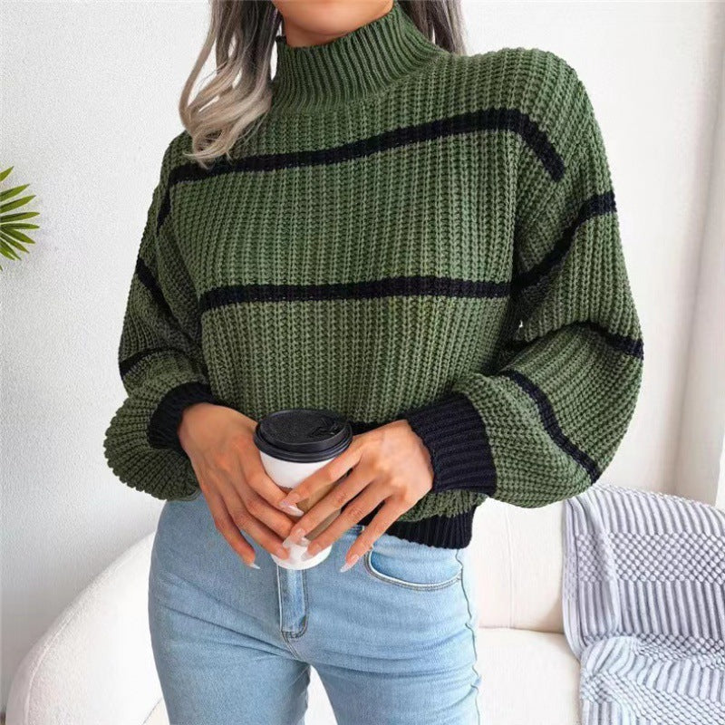 Women's Casual Striped Balloon Sleeve Turtleneck Sweater