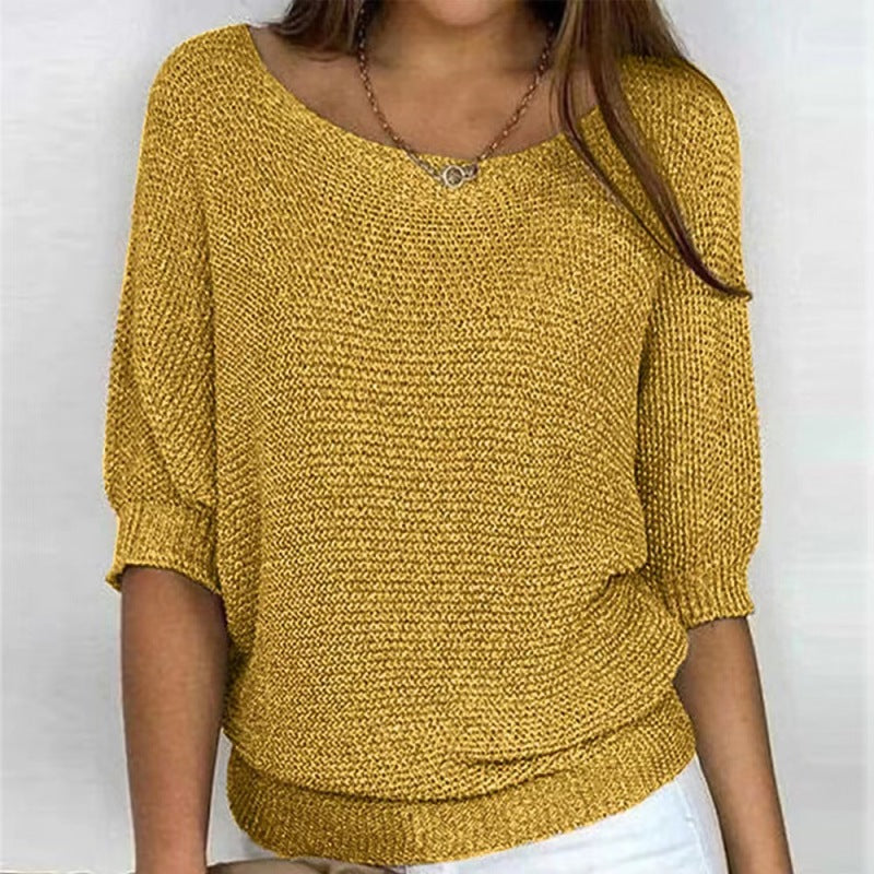 Women's round neck three-quarter sleeve knitted sweater