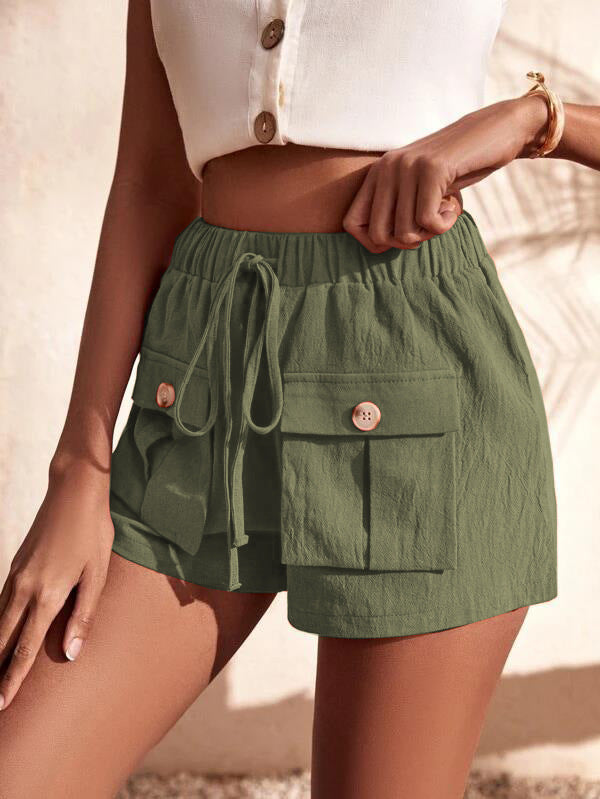 Cargo Shorts Pocket Loose Mid Rise Drawstring Straight Leg Pants