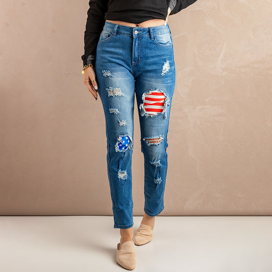 Women's American Flag Ripped Denim Jeans