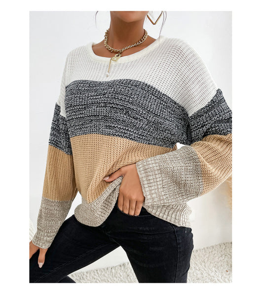 women's loose colorblock long sleeve bottoming sweater