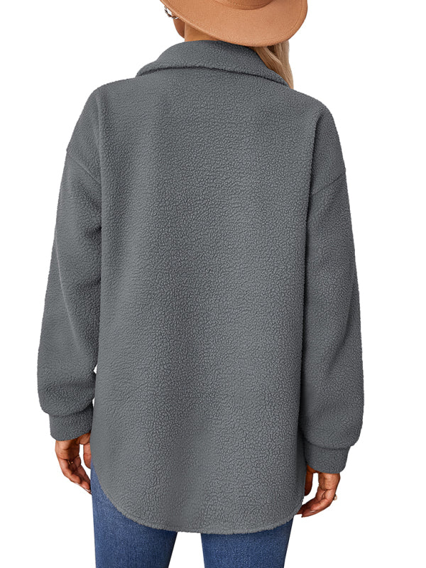 Women's solid color fashion Lapel Plush loose coat