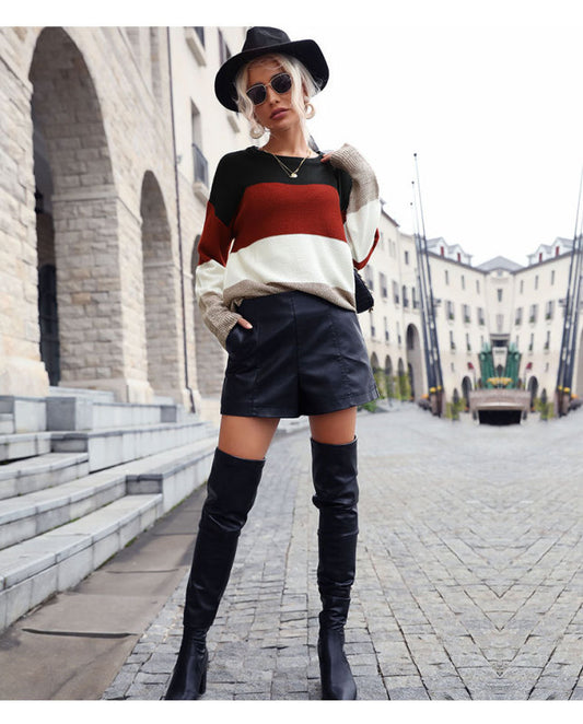 Women's Fall Loose Long Sleeve Colorblock Sweater