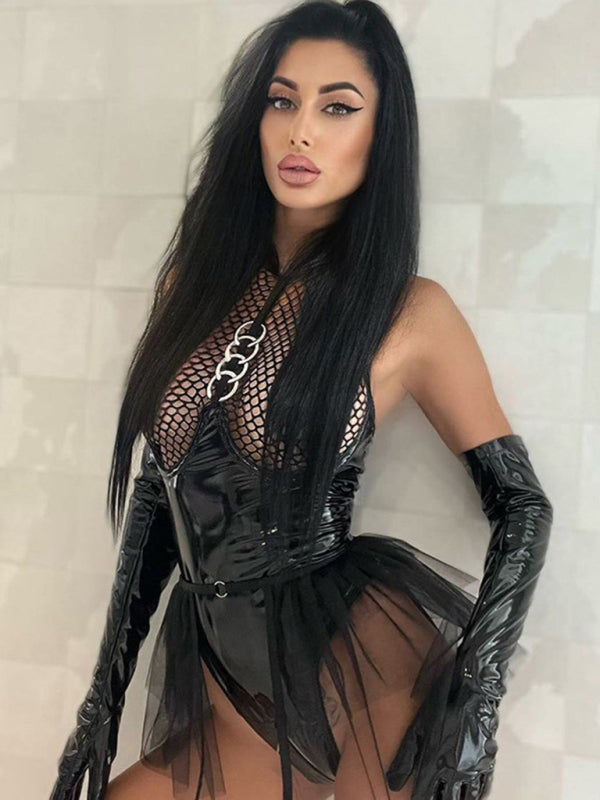 Women's Solid Color Role Playing Fishnet Teddy With Pu Leather Halter Neck Bodysuit
