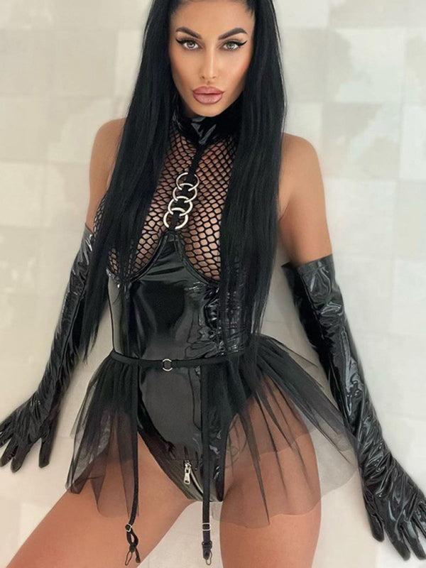 Women's Solid Color Role Playing Fishnet Teddy With Pu Leather Halter Neck Bodysuit