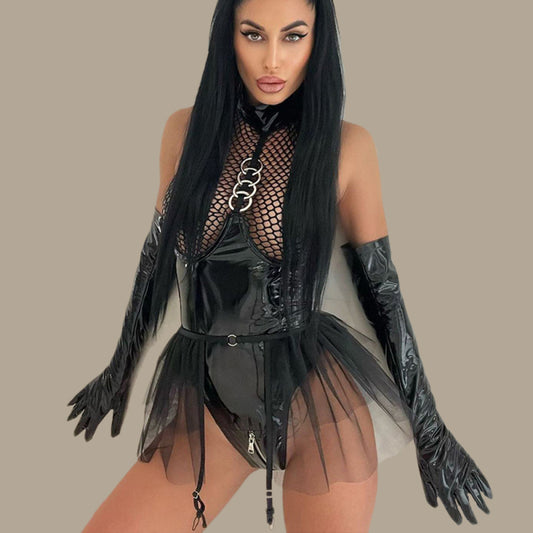 Women's Solid Color Role Playing Fishnet Teddy With Pu Leather Halter Neck Bodysuit