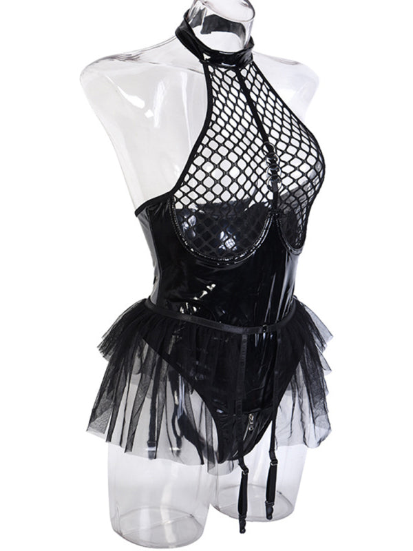 Women's Solid Color Role Playing Fishnet Teddy With Pu Leather Halter Neck Bodysuit