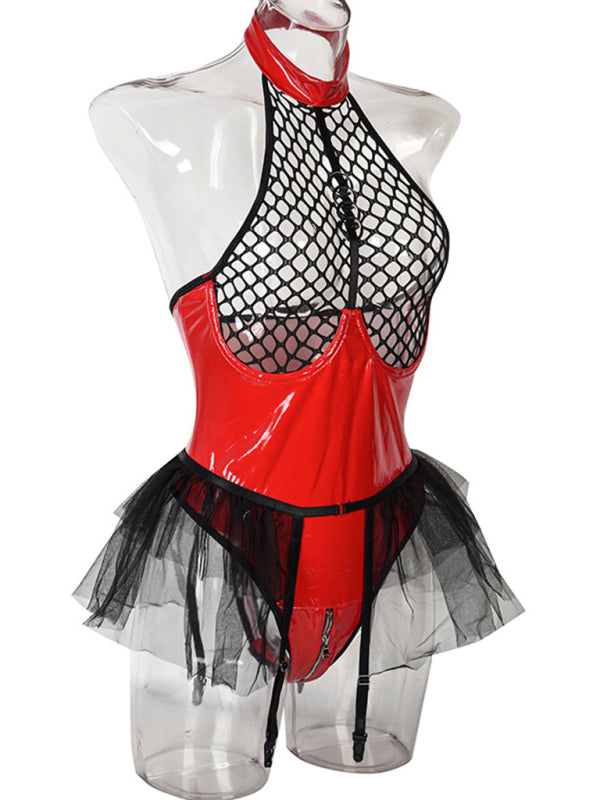 Women's Solid Color Role Playing Fishnet Teddy With Pu Leather Halter Neck Bodysuit