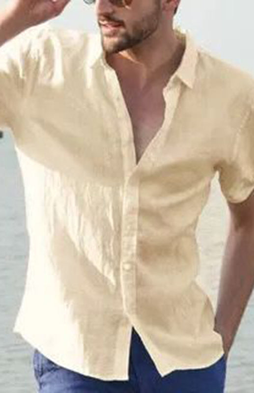 Men's Casual Linen Lapel Button Short-Sleeved Shirt