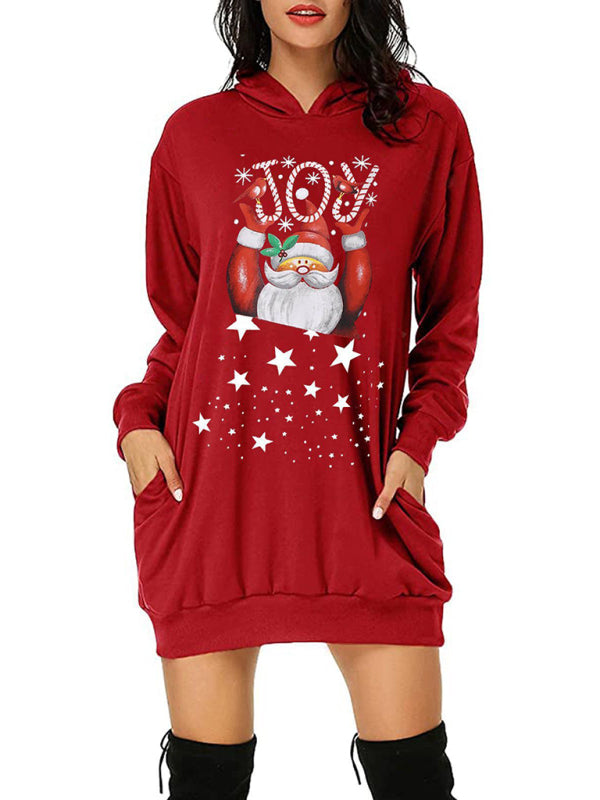 Women's Christmas Print Mid Length Hooded Sweater Dress