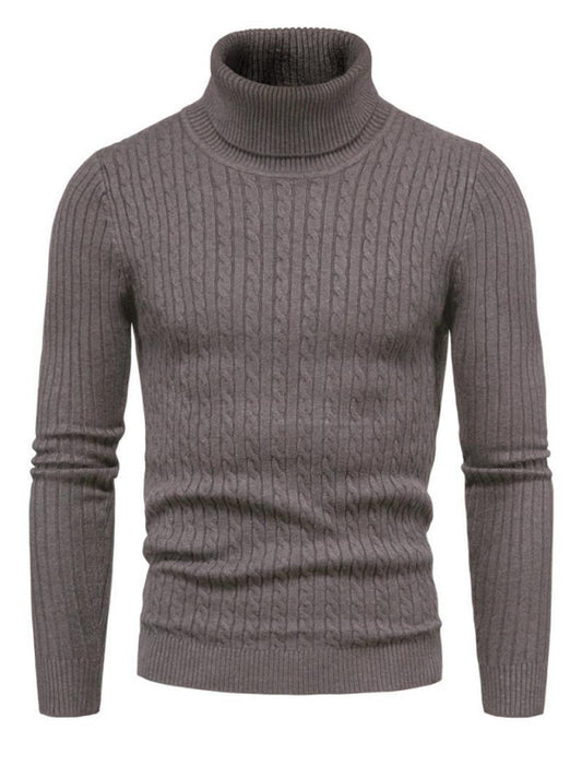 Men’s Solid Color Rolled Turtleneck Long Sleeve Rib Texture Sweater
